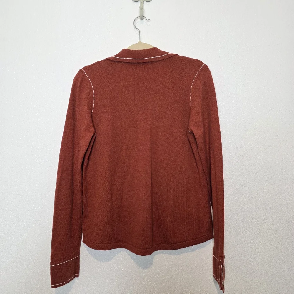 Minnie Rose Cotton Cashmere Top Stitch Embroidered Button Down Shirt - Picture 7 of 8